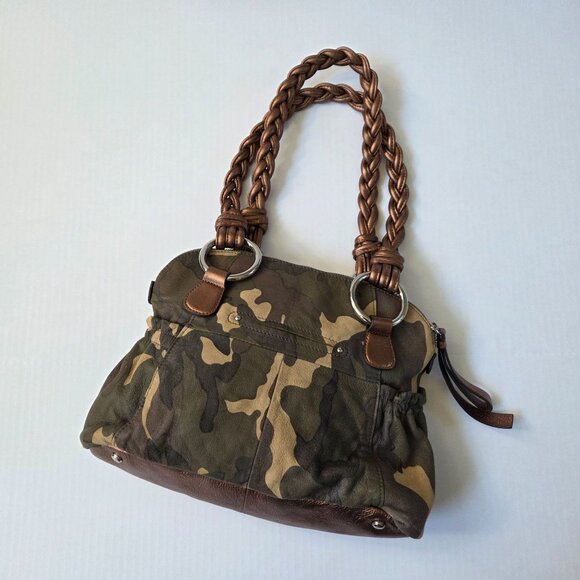 B Makowsky Purse Caroline Green Tan Camo Leather Satchel Shoulder Bag - Picture 3 of 16